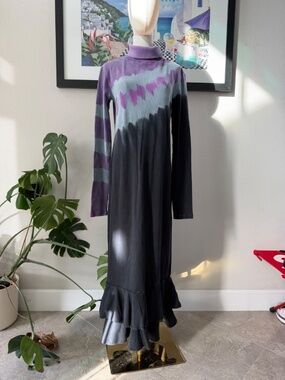 abacaxi NYC Gorgeous Tie Dye Ruffle Hem Turtleneck Maxi Dress Thick Cotton Large